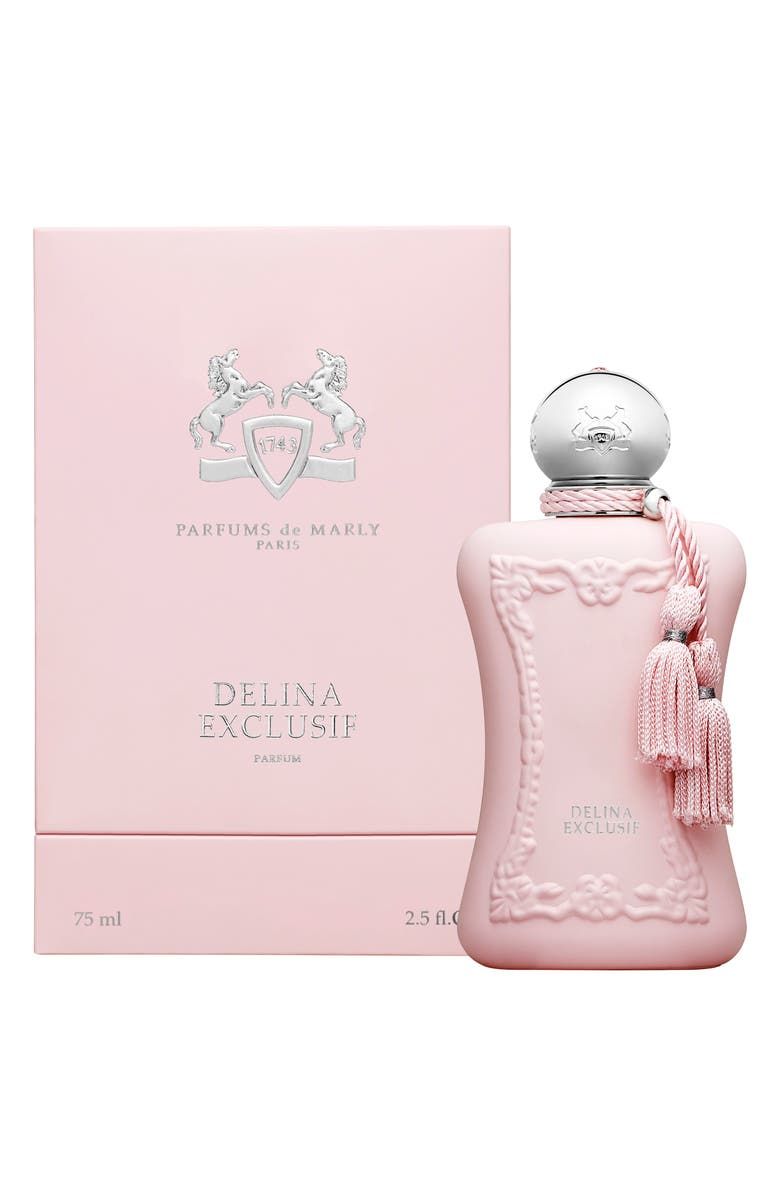 Parfums de Marly Delina Exclusif Eau De Parfum Spray for Women 75ml 2.5 oz powder pink glass bottle with silver cap and soft pink tassel