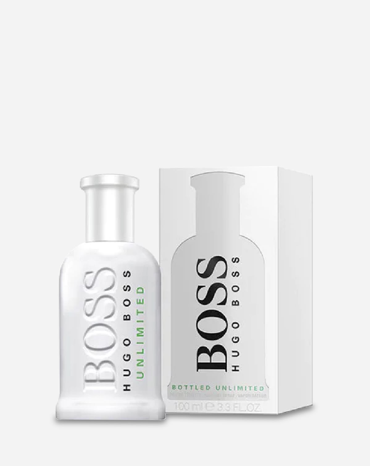 Hugo Boss Boss Bottled Unlimited Eau De Toilette Spray for Men 100ml 3.3 oz opaque white bottle with green lettering and matching box