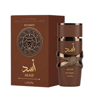 Lattafa Asad Bourbon Eau de Parfum Spray 100ml bottle with box, front view