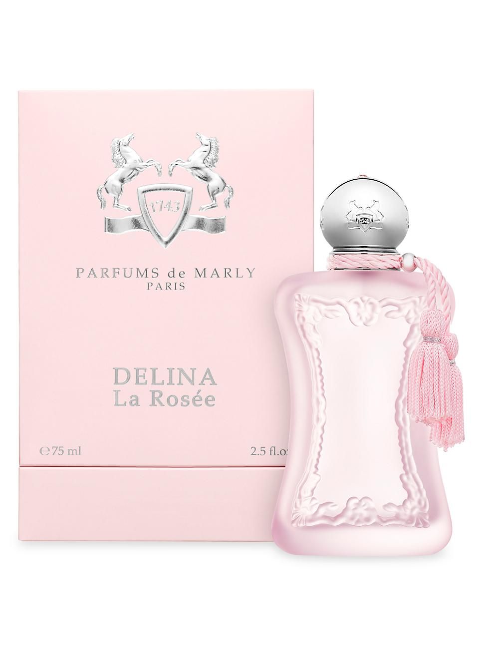 Parfums de Marly Delina La Rosée Eau De Parfum Spray for Women 75ml 2.5 oz translucent frosted soft pink glass bottle with silver cap and soft pink tassel