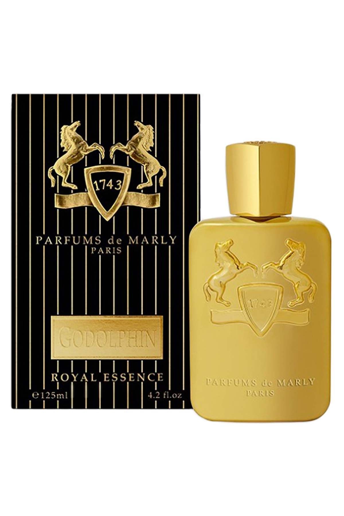 Parfums de Marly Godolphin Eau De Parfum Spray for Men 125ml 4.2 oz opaque metallic gold glass bottle embossed with royal horse crest and gold cap