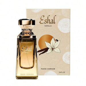 Paris Corner Eshal Vanilla Eau de Parfum 100ml 3.4 oz amber gradient perfume bottle with gold cap and vanilla flower box