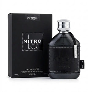 Dumont Nitro Black Pour Homme Eau de Parfum 100ml 3.4 oz black perfume bottle with silver cap and black box