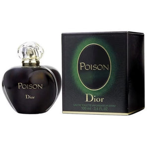 Christian Dior Poison Eau de Toilette 100ml women's perfume dark apple-shaped bottle beside its black and green box