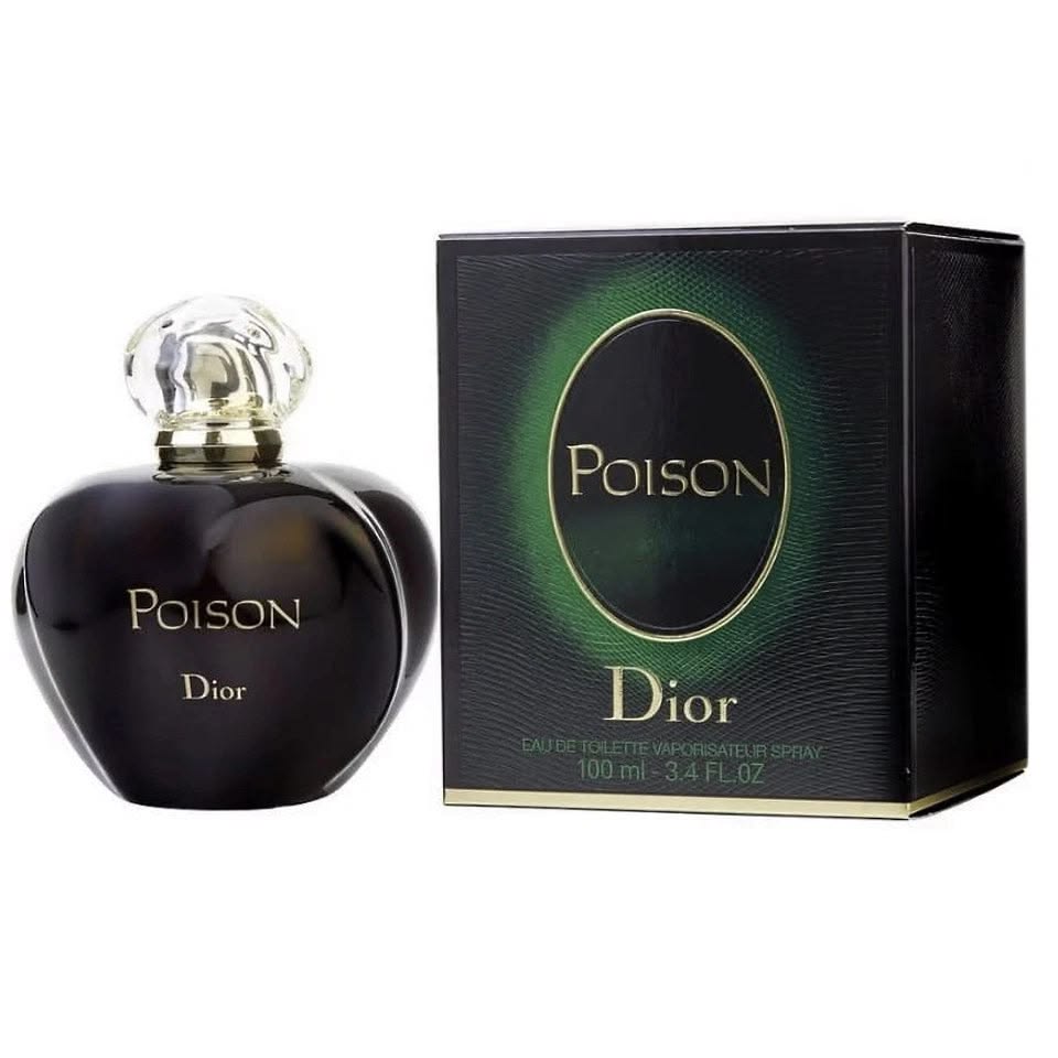 Christian Dior Poison Eau de Toilette 100ml women's perfume dark apple-shaped bottle beside its black and green box