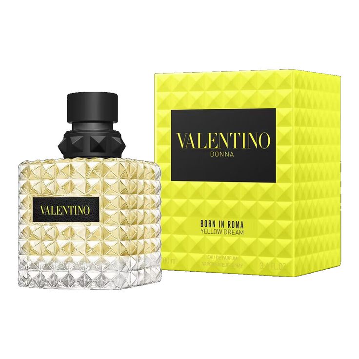 Valentino Donna Born in Roma Yellow Dream Eau de Parfum 100ml women's perfume studded bottle beside its yellow box