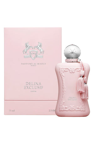 Parfums de Marly Delina Exclusif Eau De Parfum Spray for Women 75ml 2.5 oz powder pink glass bottle with silver cap and soft pink tassel