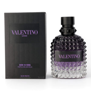 Valentino Uomo Born in Roma Purple Melancholia Eau de Toilette 100ml men's cologne purple studded bottle beside its black box