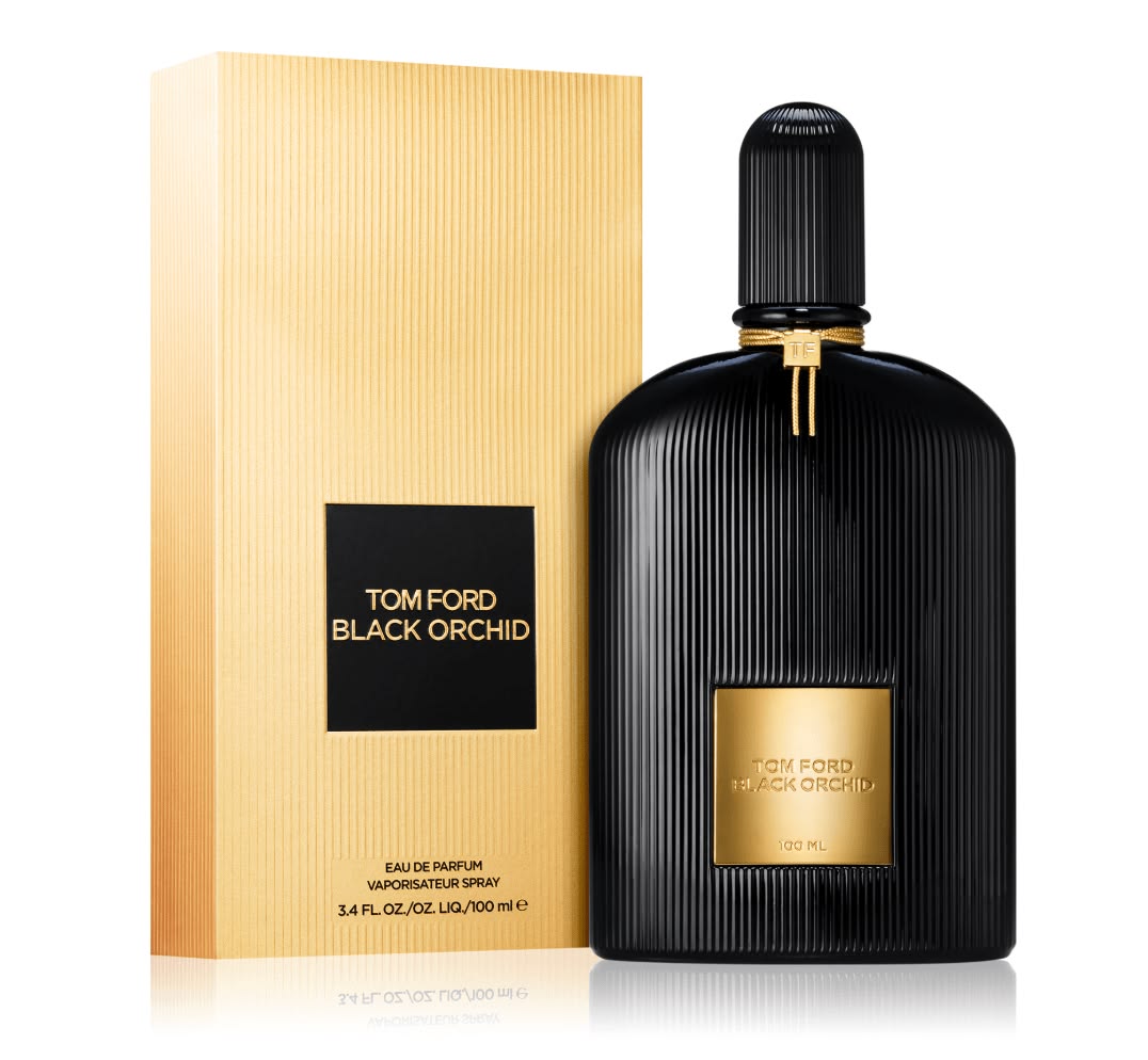 Tom Ford Black Orchid Eau de Parfum 100ml perfume black ribbed bottle with gold label beside its gold box