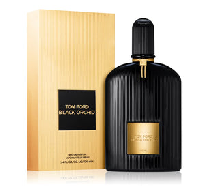 Tom Ford Black Orchid Eau de Parfum 100ml perfume black ribbed bottle with gold label beside its gold box