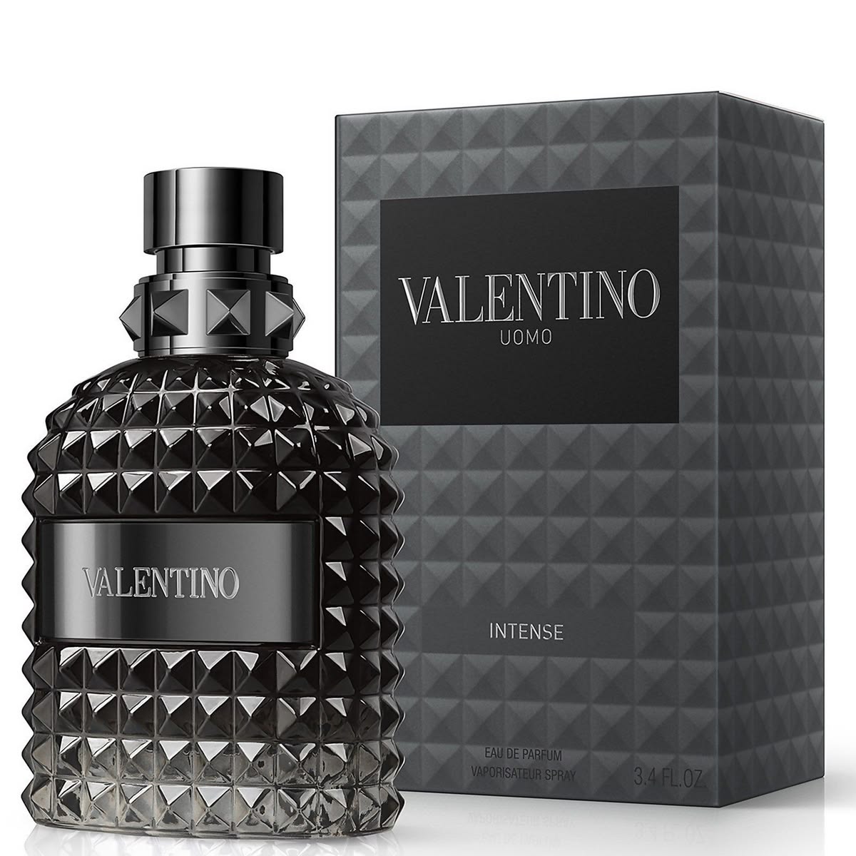 Valentino Uomo Intense Eau de Parfum 100ml men's perfume black studded bottle beside its grey box