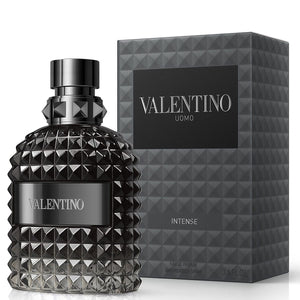 Valentino Uomo Intense Eau de Parfum 100ml men's perfume black studded bottle beside its grey box