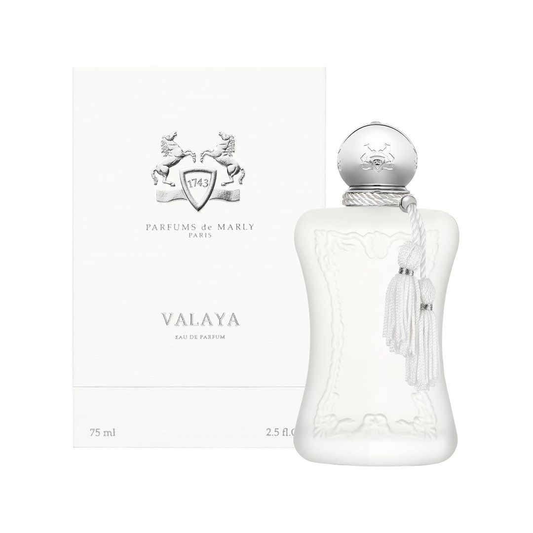 Parfums de Marly Valaya Eau De Parfum Spray for Women 75ml 2.5 oz frosted white glass bottle with silver cap and matching white tassels