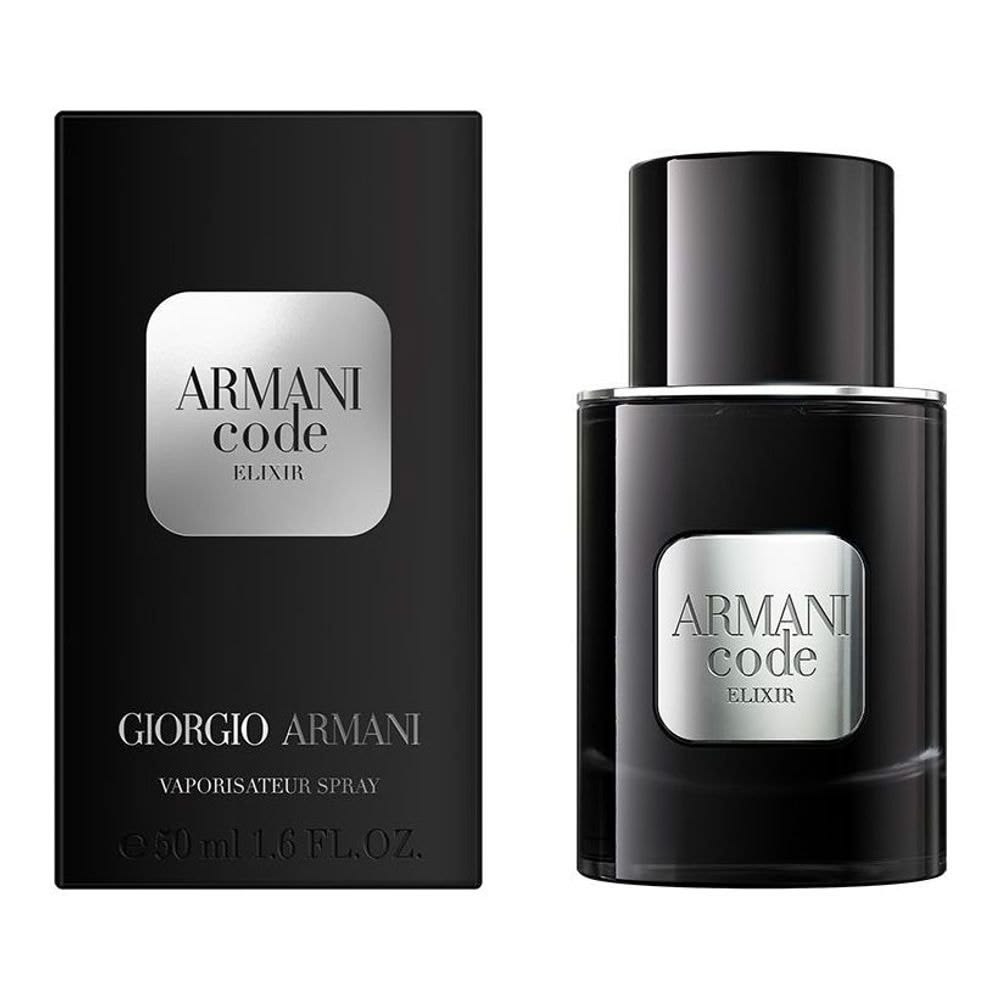 Giorgio Armani Armani Code Elixir 50ml men's perfume black bottle with silver plate beside its black box