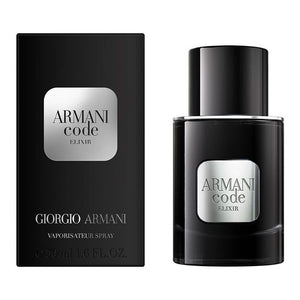 Giorgio Armani Armani Code Elixir 50ml men's perfume black bottle with silver plate beside its black box