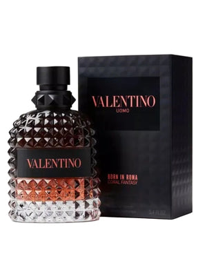 Valentino Uomo Born in Roma Coral Fantasy Eau de Toilette 100ml men's cologne studded bottle beside its black box