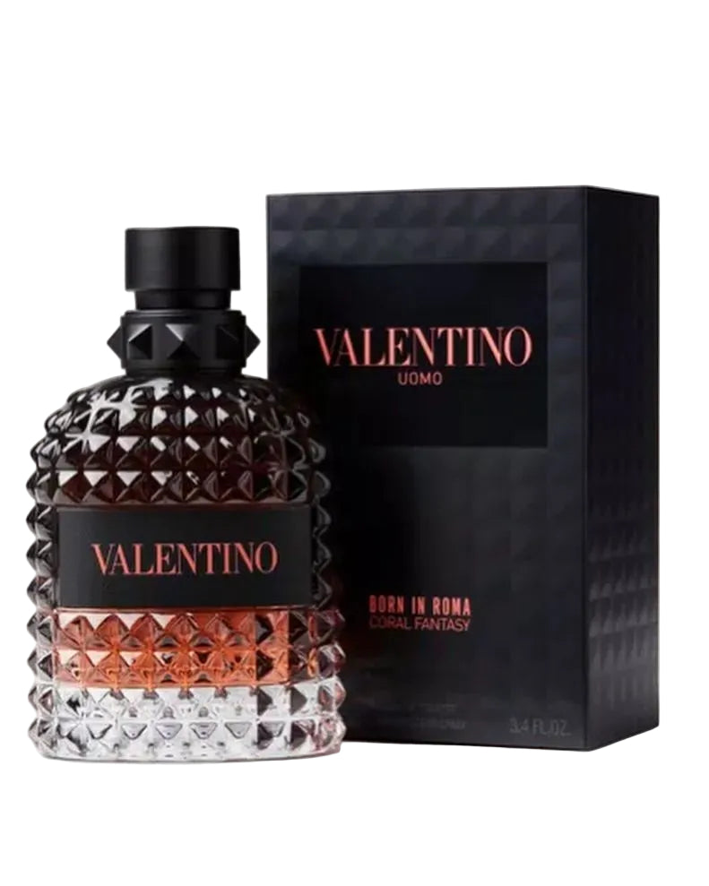Valentino Uomo Born in Roma Coral Fantasy Eau de Toilette 100ml men's cologne studded bottle beside its black box