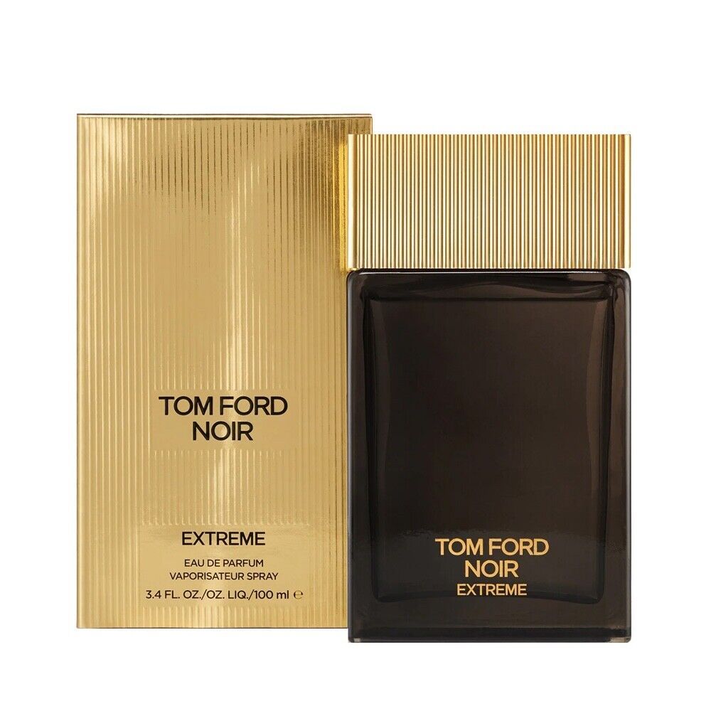 Tom Ford Noir Extreme Eau de Parfum 100ml men's perfume dark bottle with gold cap beside its gold box