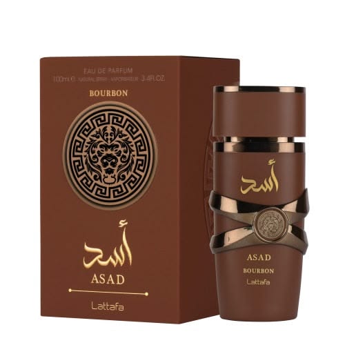 Lattafa Asad Bourbon Eau de Parfum Spray 100ml bottle with box, front view