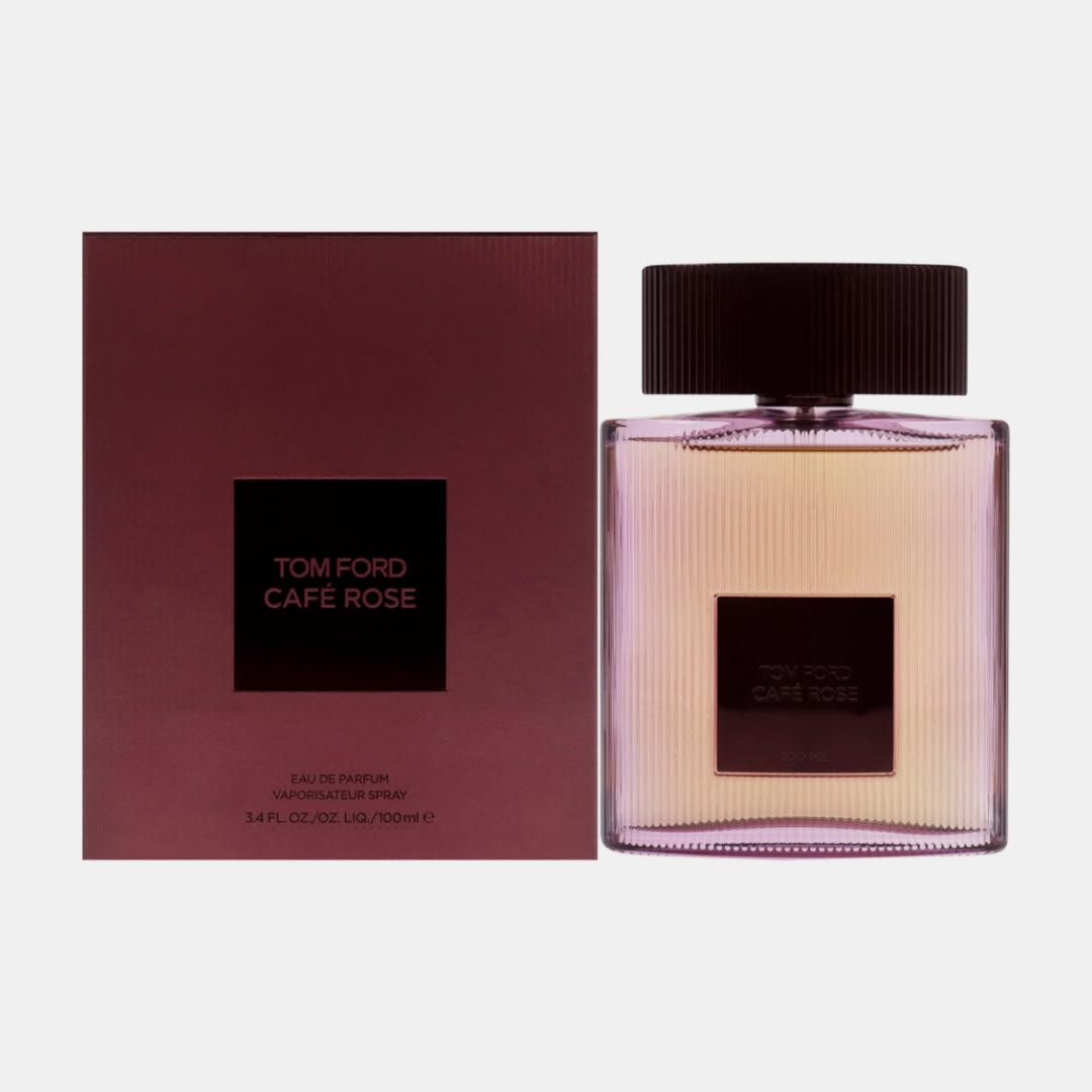 Tom Ford Café Rose Eau de Parfum 100ml women's perfume ribbed pink bottle with burgundy cap beside its burgundy box