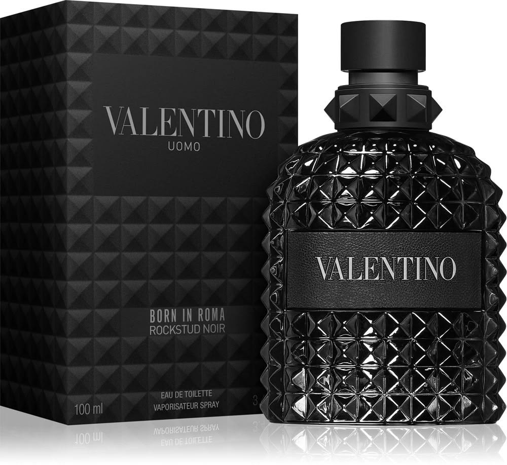 Valentino Uomo Born in Roma Rockstud Noir EDT 100ml black studded perfume bottle for men