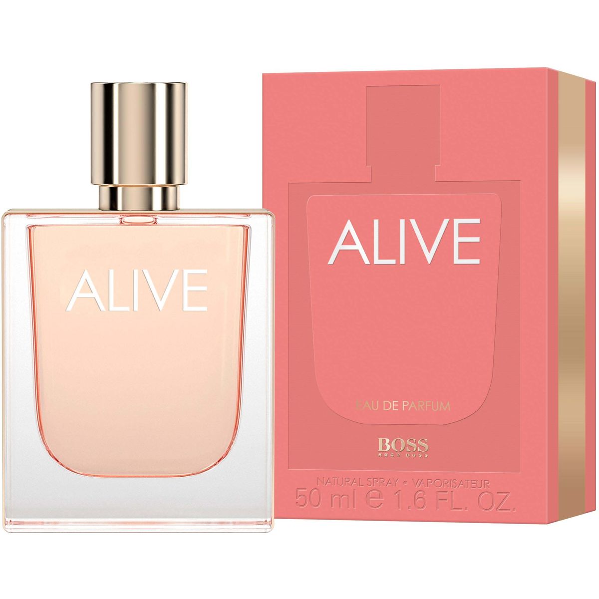 Hugo Boss Boss Alive EDP 50ml nude pink perfume bottle with coral box for women