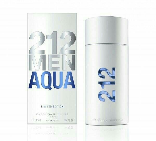 Carolina Herrera 212 Men Aqua Limited Edition Eau De Toilette Spray for Men 100ml 3.4 oz white and metallic blue bottle and box