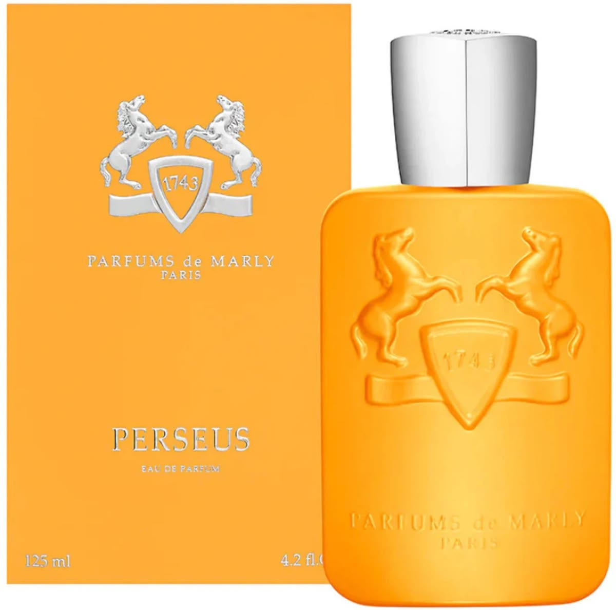 Parfums de Marly Perseus EDP 125ml orange perfume bottle with silver cap and orange box